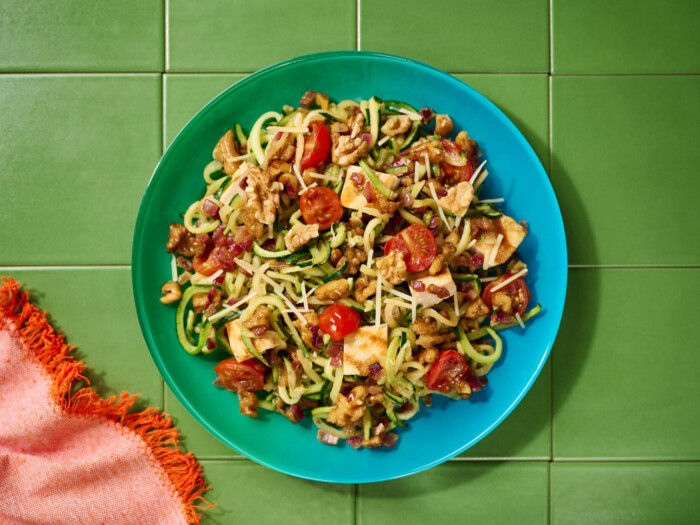Warm Parmesan Zucchini Noodles with Chicken, Tomatoes and Walnuts