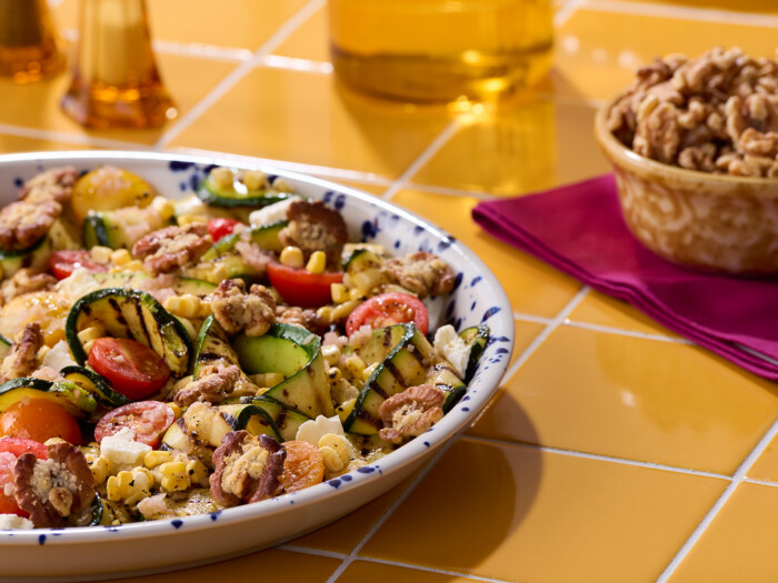 Grilled Zucchini Salad with “Pizza Walnuts”