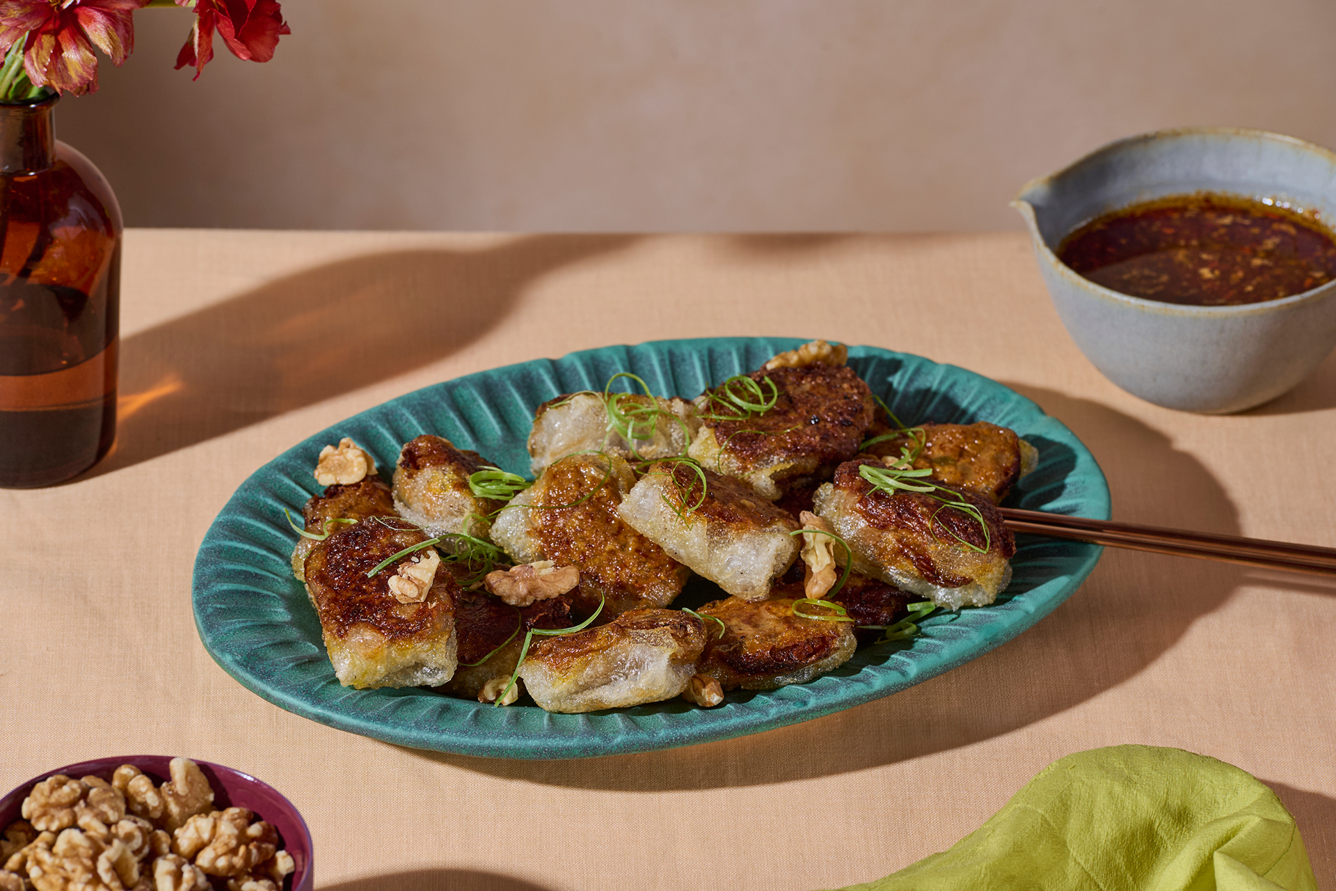 Crispy Rice Paper Dumplings with Pumpkin, Walnut, Sage and Brown Butter Dipping Sauce