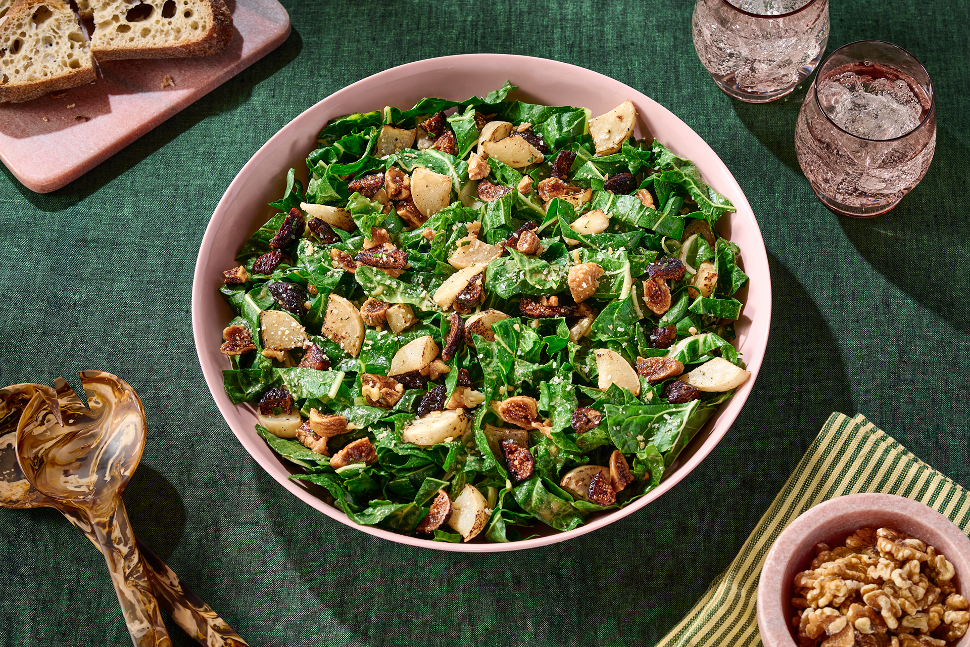 Swiss Chard Salad w/ Honey Dijon Vinaigrette, Roasted Turnips, Dried Figs and Walnut Pecorino Crumble