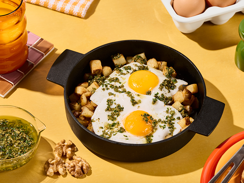 Potato Hash with Eggs and Walnut Basil Pesto