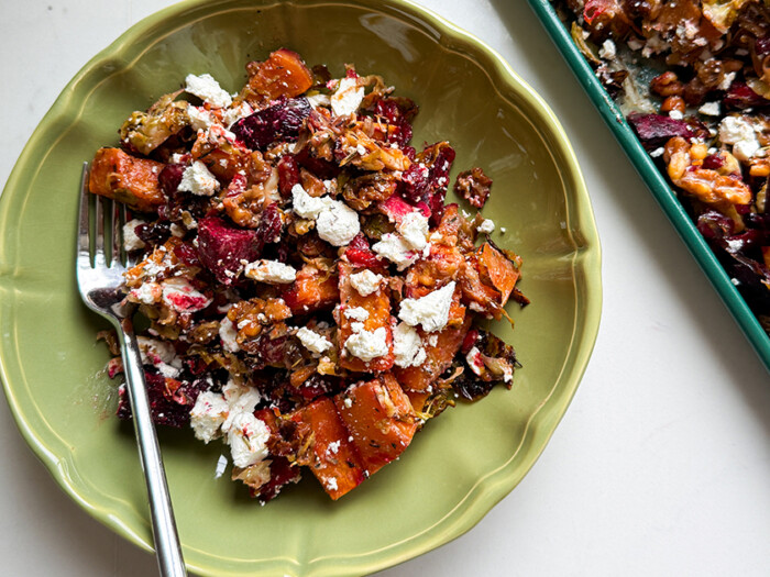 Roasted Brussels Sprouts, Walnuts, Sweet Potato and Beet Salad
