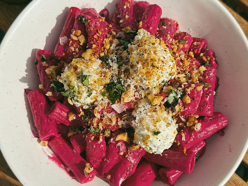 Creamy Beet Pasta with Walnut Breadcrumbs and Ricotta