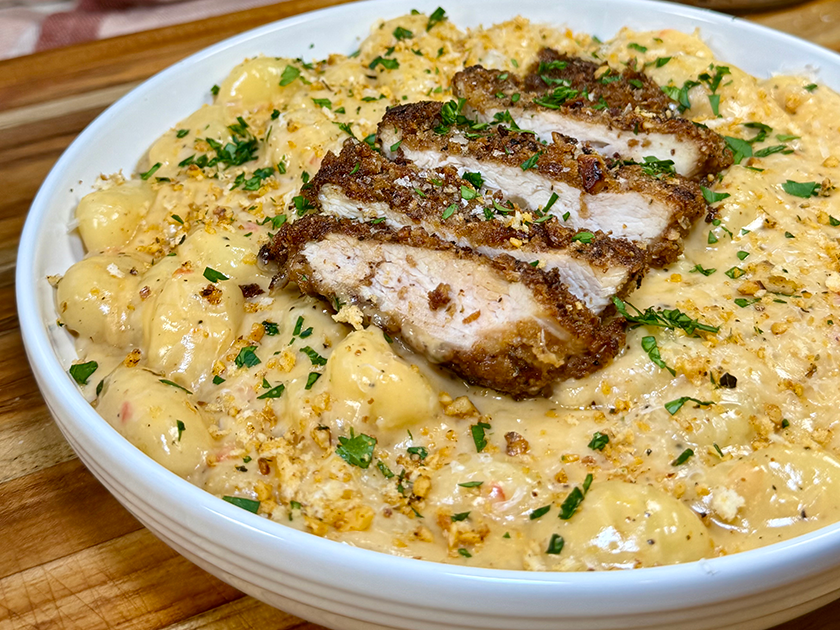 Walnut Parmesan Chicken Cutlets with Creamy Parmesan Gnocchi