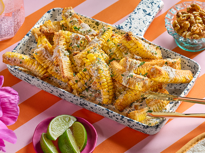 Smoked Paprika-Spiced Corn Ribs with Walnut Parmesan and Walnut Lime Crema