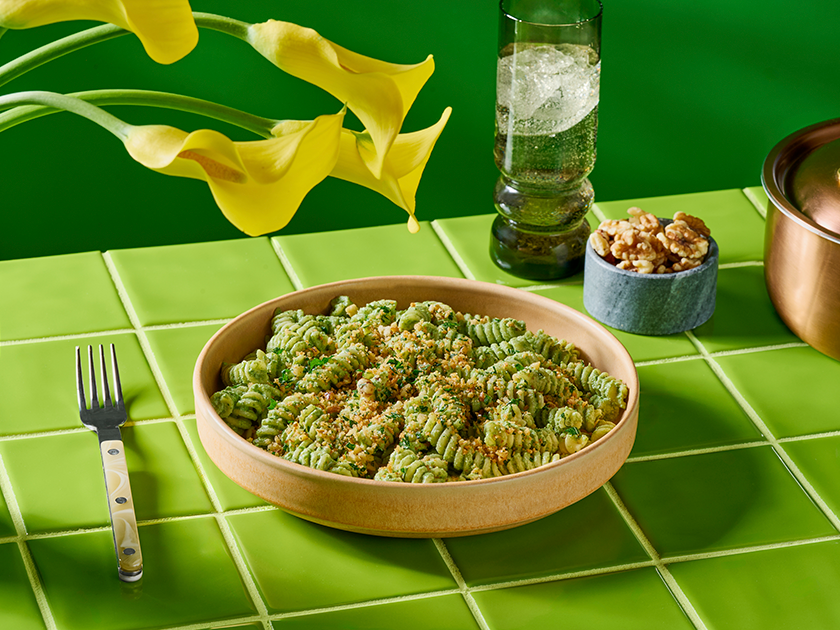 Creamy Walnut Ricotta and Greens Pasta with Walnut Breadcrumbs