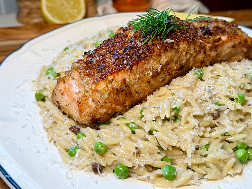 Walnut Crusted Salmon with Lemony Orzo & Snap Peas