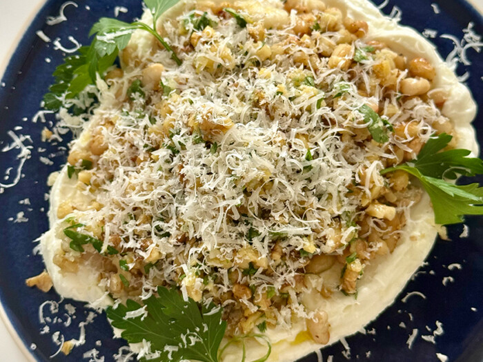 Crispy Butter Beans with California Walnut Gremolata and Whipped Ricotta