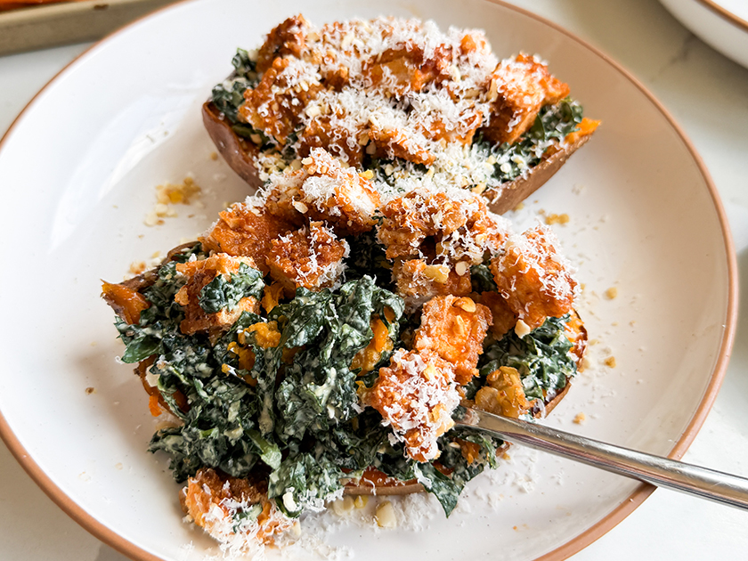Buffalo Kale Caesar Stuffed Sweet Potatoes