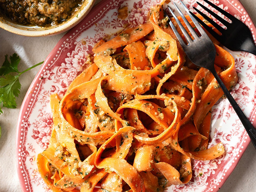 Carrot Ribbon Salad with Crunchy Walnut Dressing