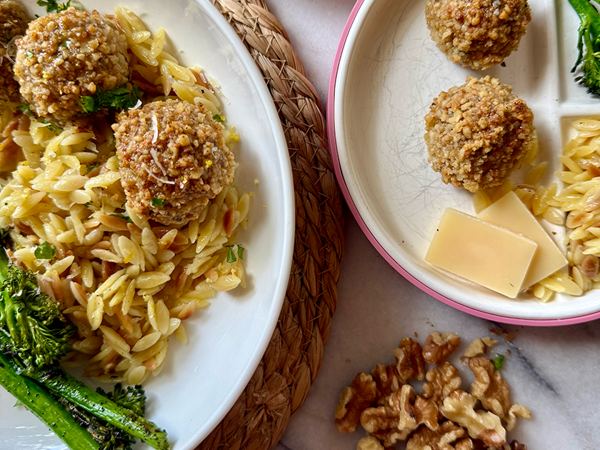 Honey-Dijon Walnut-Crusted Chicken Meatballs with Creamy Lemon Parmesan Orzo & Roasted Broccoli