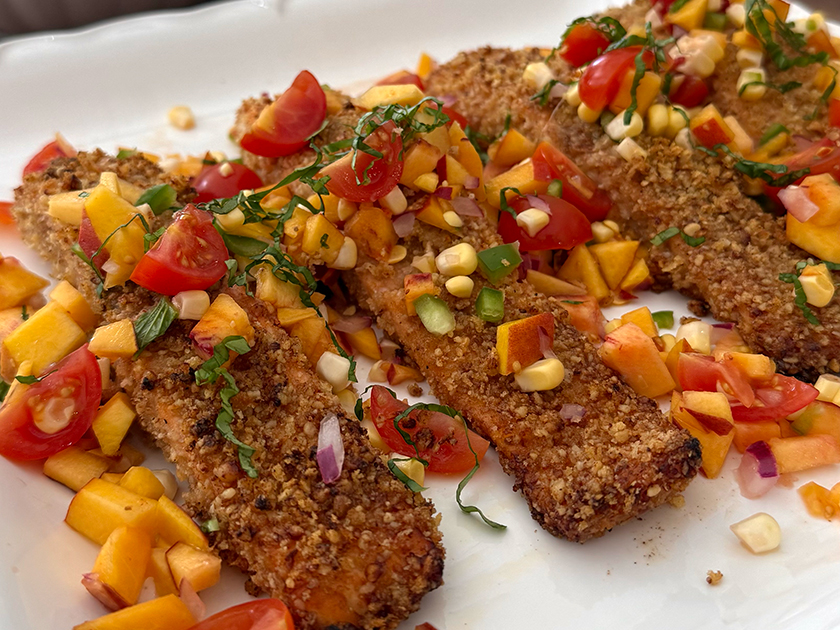 Hot Honey California Walnut-Crusted Salmon with Fresh Peach Salsa