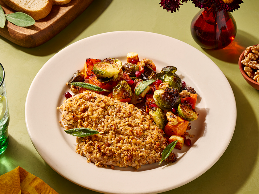 Walnut-Crusted Chicken Sheet Pan Dinner with Crispy Halloumi & Fresh Veggies