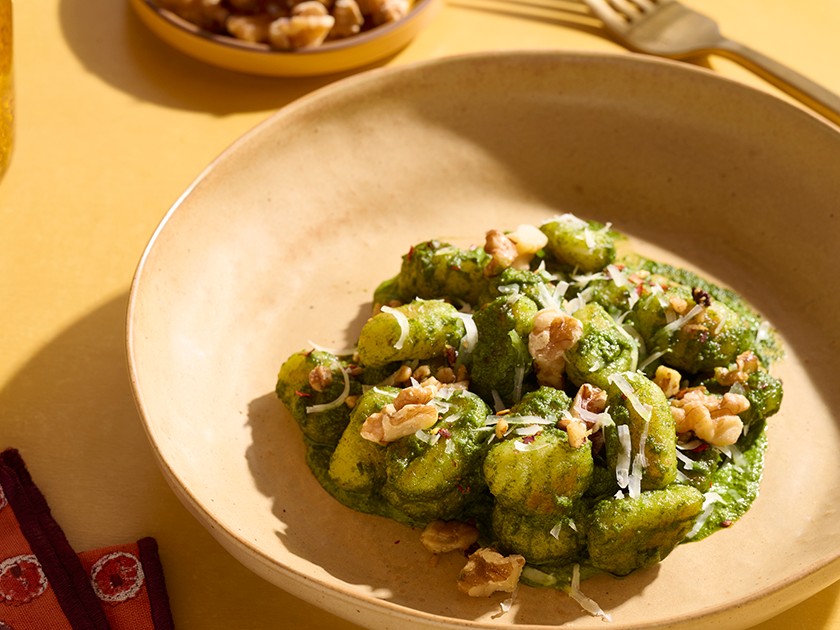 Crispy Gnocchi with Creamy Kale-Walnut Sauce