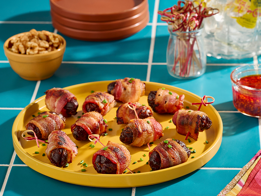 Bacon Wrapped Walnut Stuffed Dates with Maple Chili Glaze