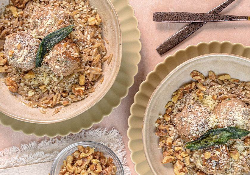 Brown Butter Walnut Meatballs with Parmesan Orzo